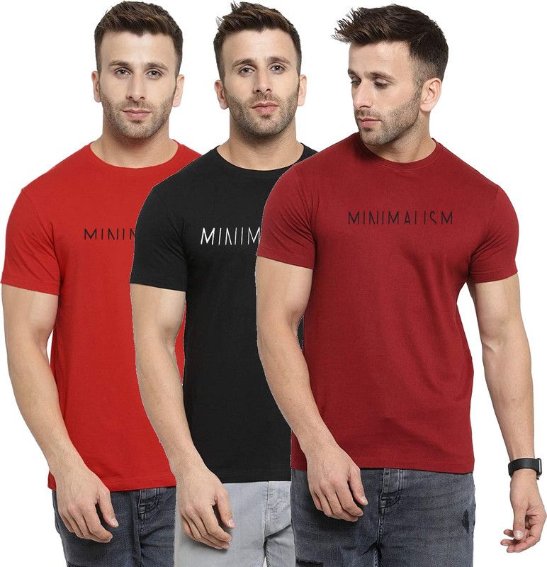 Printed Men Black, Red, Maroon T-Shirt  (Pack of 3)