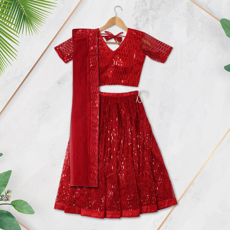 Girls Lehenga Choli Ethnic Wear Embellished Lehenga, Choli and Dupatta Set  (Maroon, Pack of 3)
