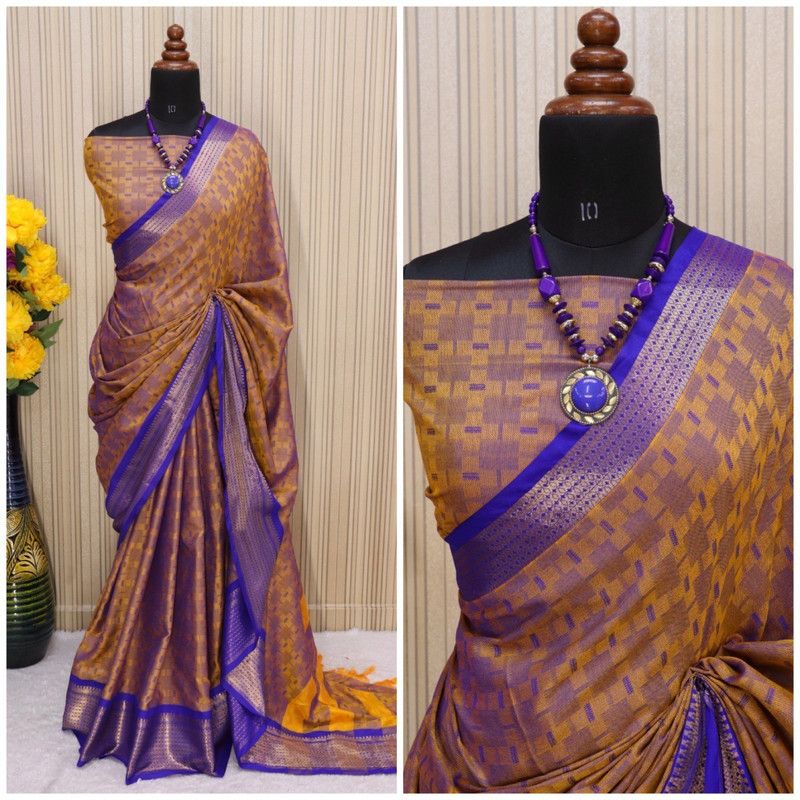 Applique Paithani Cotton Silk Saree  (Mustard, Blue)