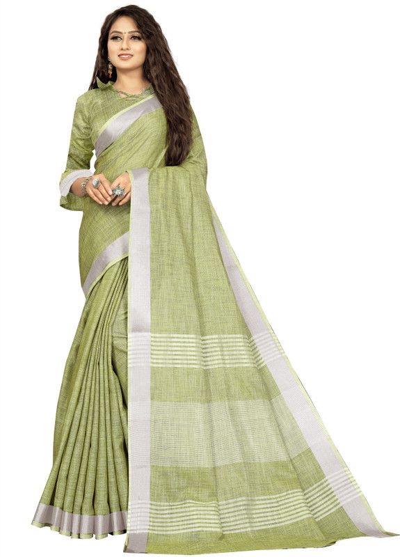 Self Design Leheria Cotton Linen Saree  (Green)