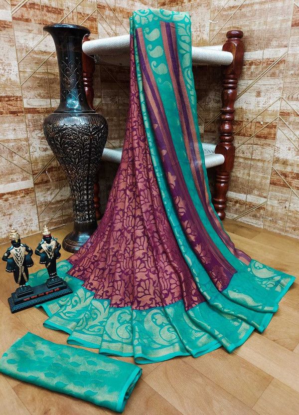 Printed Banarasi Brasso Saree  (Purple)