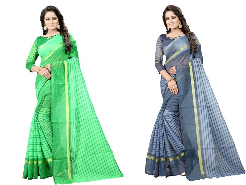 Striped Daily Wear Cotton Silk Saree  (Pack of 2, Green, Grey)