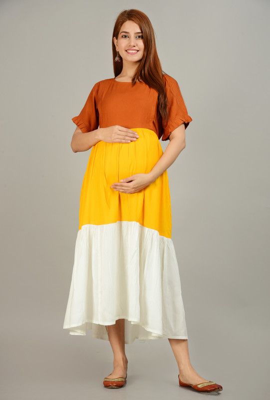 Women Tiered Yellow, White, Orange Dress