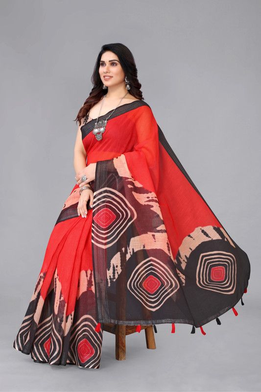 Fashion Cotton Linen Saree  (Red, Grey)