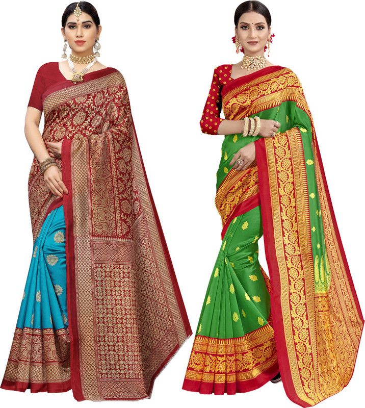 Woven Banarasi Cotton Silk Saree  (Pack of 2, Multicolor)