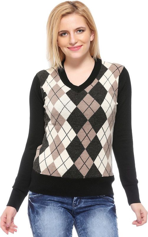 Women Argyle V-neck Black Sweater