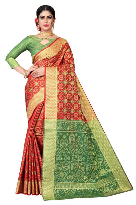 Self Design Dharmavaram Cotton Silk Saree  (Red, Green)
