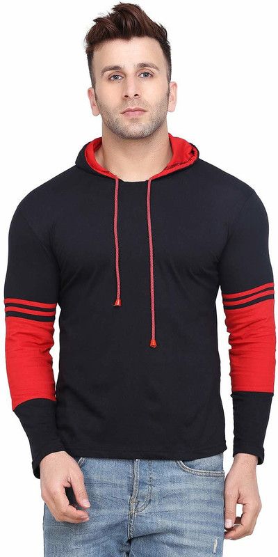 Hoodies For men Men Colorblock Hooded Neck Cotton Blend Black T-Shirt