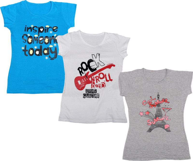 Girls Printed Cotton Blend T Shirt  (Grey, Pack of 3)