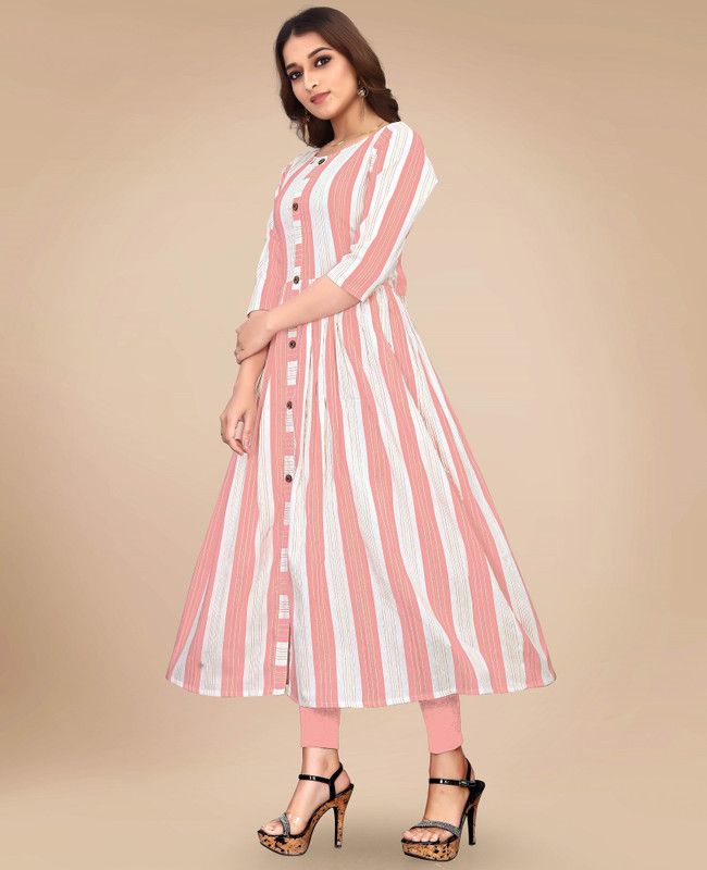 Women Striped Pure Cotton Anarkali Kurta  (Pink)