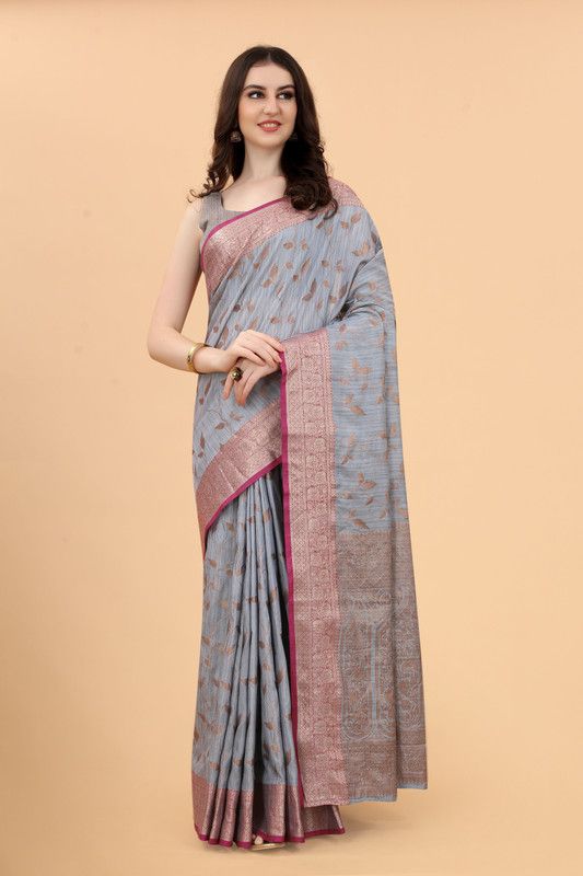 Woven Patola Pure Cotton Saree  (Grey)