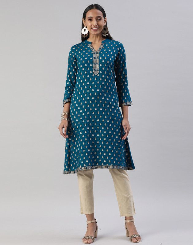 Women Embroidered, Embellished Viscose Rayon Straight Kurta  (Gold, Blue)