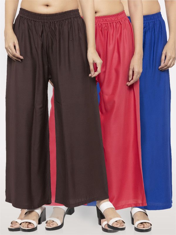 Pack of 3 Women Flared Brown, Pink, Blue Viscose Rayon Trousers