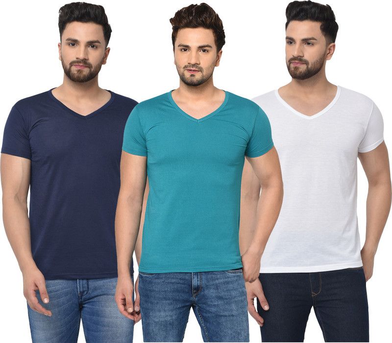 Pack of 3 V Neck T-Shirt Combo of 3 Men Solid V Neck Cotton Blend Dark Blue, Light Blue, White T-Shirt