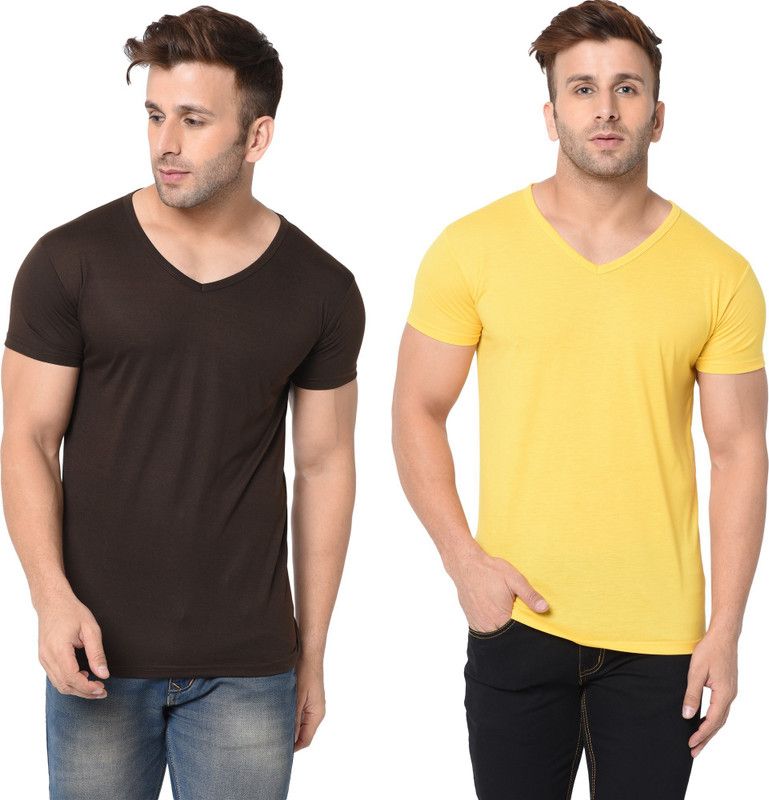 Pack of 2 Solid V Neck Men Solid V Neck Cotton Blend Brown, Yellow T-Shirt