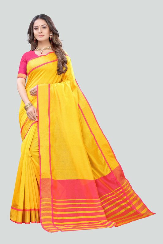 Plain Lugade Cotton Blend Saree  (Yellow)
