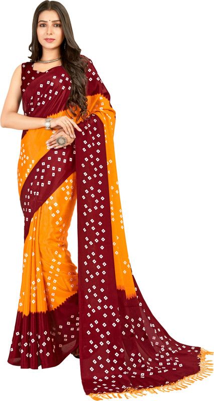 Printed Bandhani Silk Blend Saree  (Maroon, Orange)