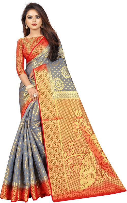 Woven Banarasi Cotton Silk Saree  (Grey, Black)
