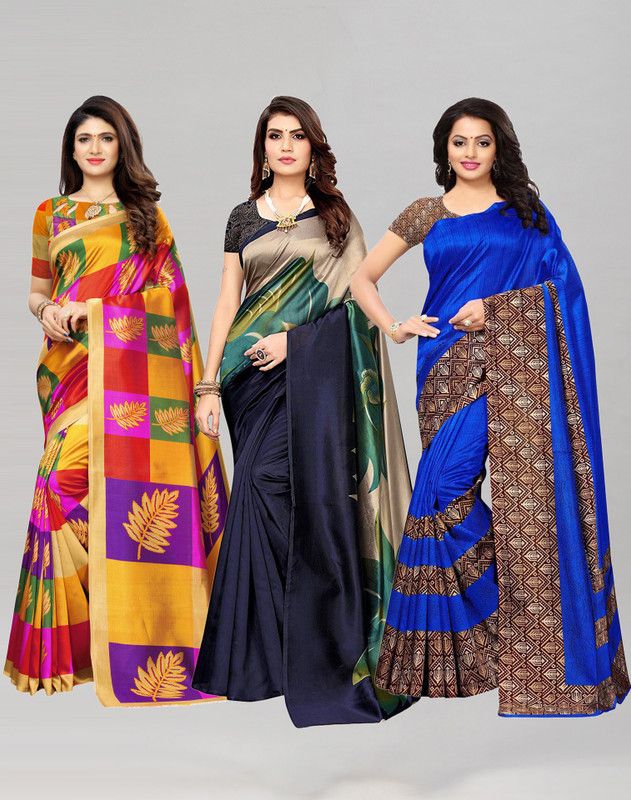 Printed, Woven, Floral Print Bhagalpuri Cotton Silk Saree  (Pack of 3, Multicolor)