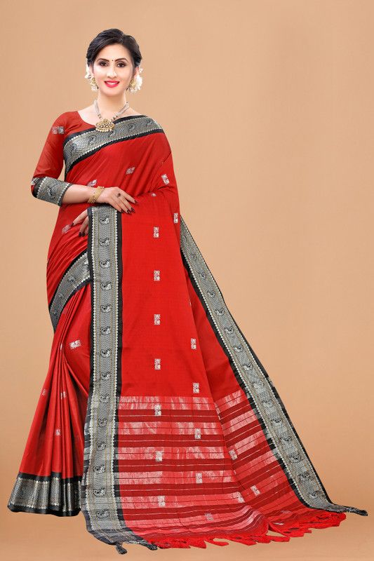 Woven Paithani Jacquard, Art Silk Saree  (Red)