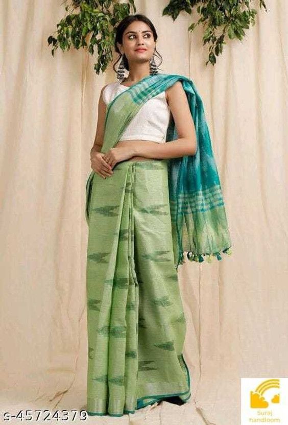 Self Design Ikkat Cotton Blend Saree  (Green)
