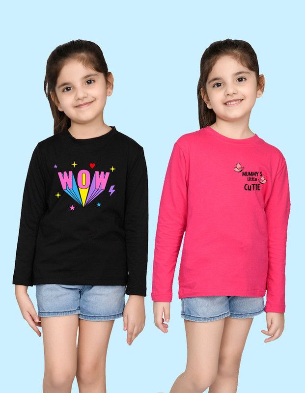 Girls Typography Cotton Blend T Shirt  (Multicolor, Pack of 2)