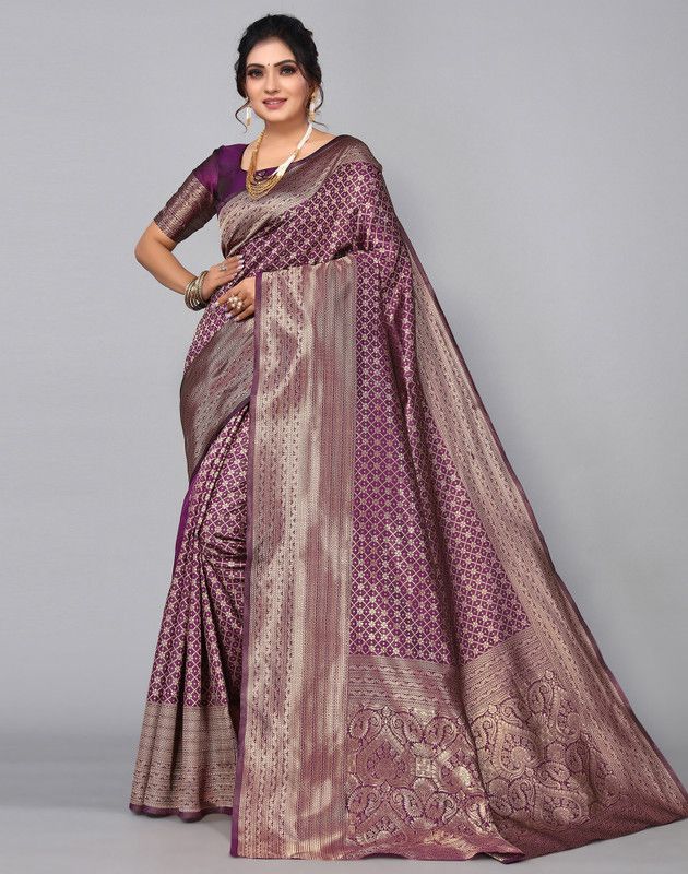 Embellished, Woven Banarasi Jacquard, Silk Blend Saree  (Purple)