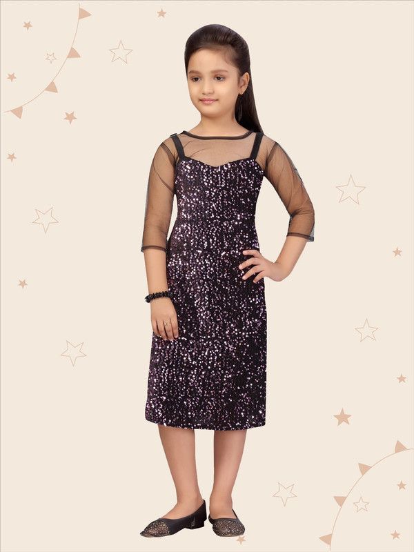 Girls Below Knee Party Dress  (Purple, 3/4 Sleeve)