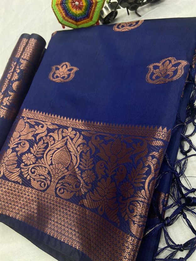 Self Design Kanjivaram Pure Silk, Cotton Silk Saree  (Dark Blue)
