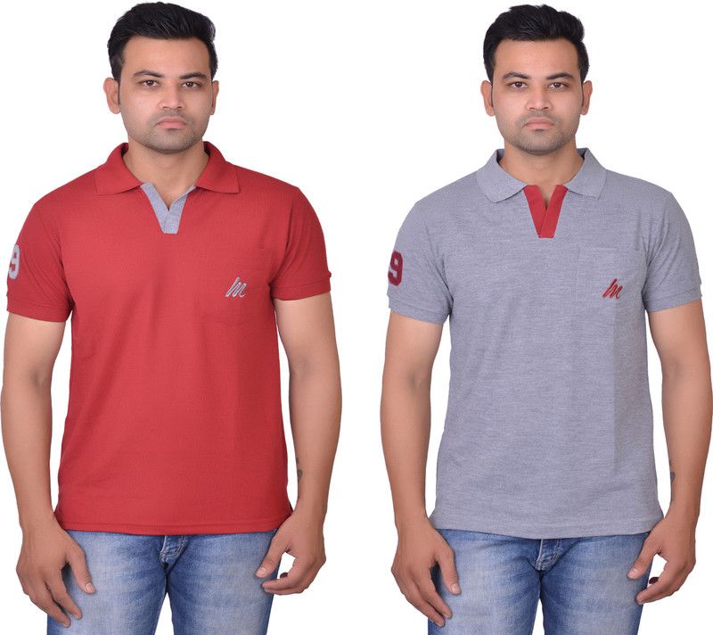 Pack of 2 Men Solid Polo Neck Pure Cotton Red, Grey T-Shirt