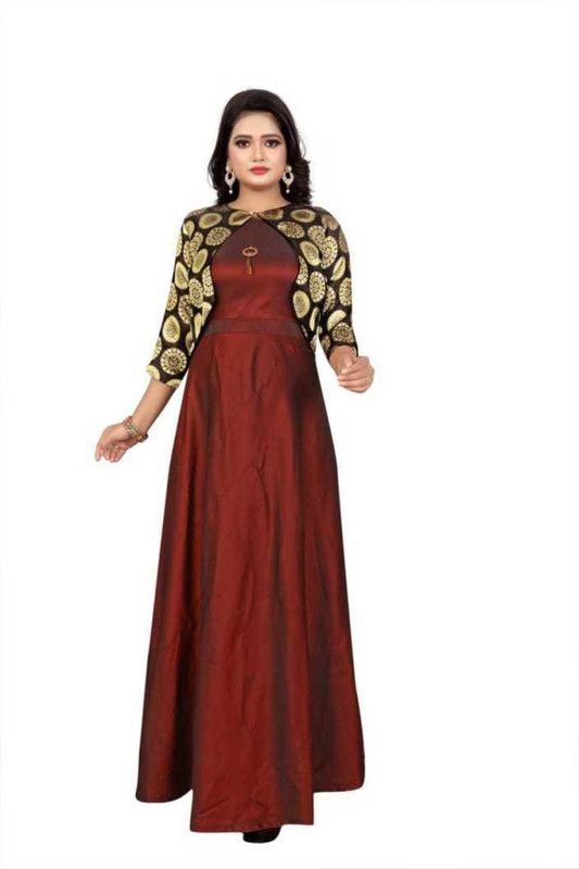 Women Embroidered Cotton Silk Anarkali Kurta  (Gold, Maroon)