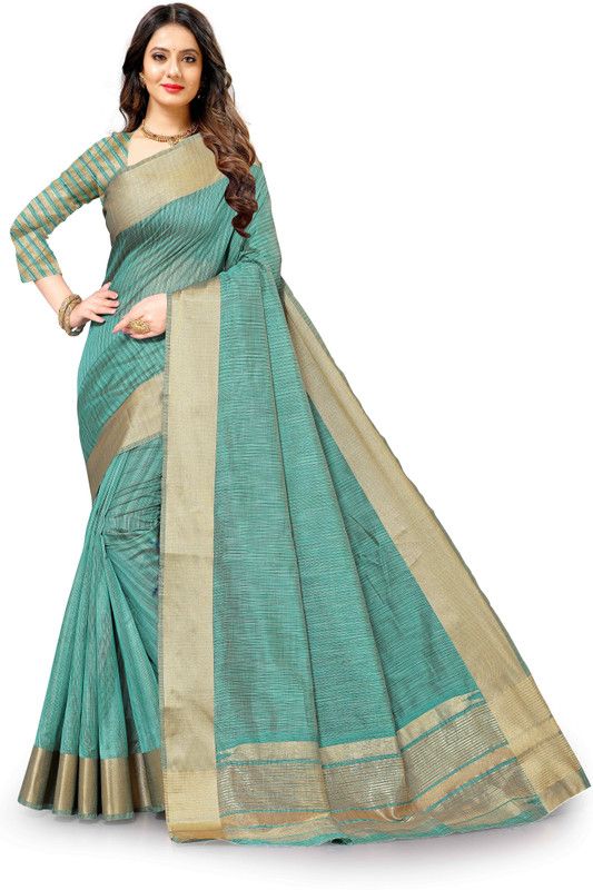 Striped Kanjivaram Silk Blend Saree  (Blue)