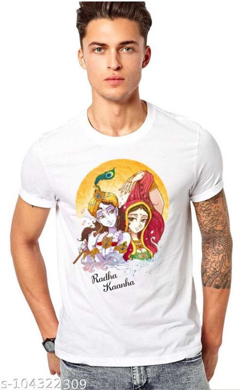 Men Printed Round Neck Poly Cotton White T-Shirt