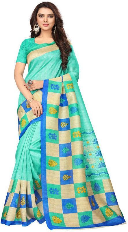 Checkered Bhagalpuri Art Silk Saree  (Light Green)