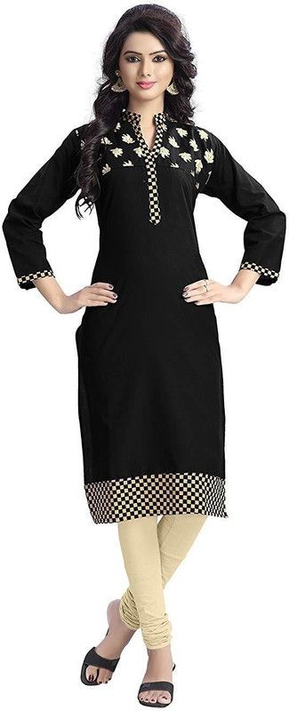 Women Embroidered Pure Cotton Straight Kurta  (Black)