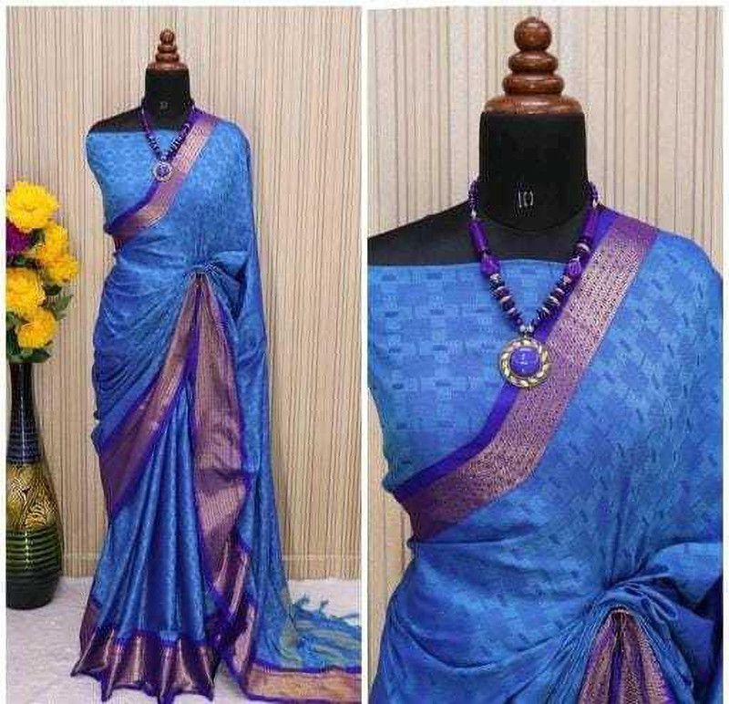 Printed Banarasi Cotton Jute Saree  (Blue)