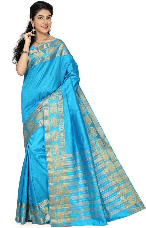 Solid/Plain Bollywood Tussar Silk Saree  (Light Blue)