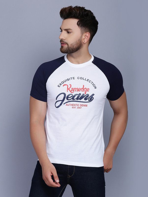 Men Printed Round Neck Cotton Blend Dark Blue, White T-Shirt