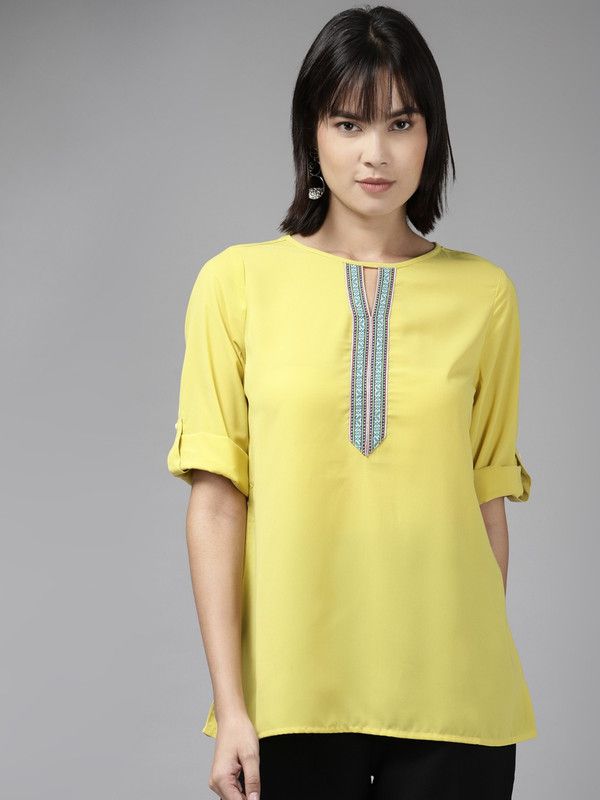 Casual Roll Up Sleeves Embroidered Women Yellow Top
