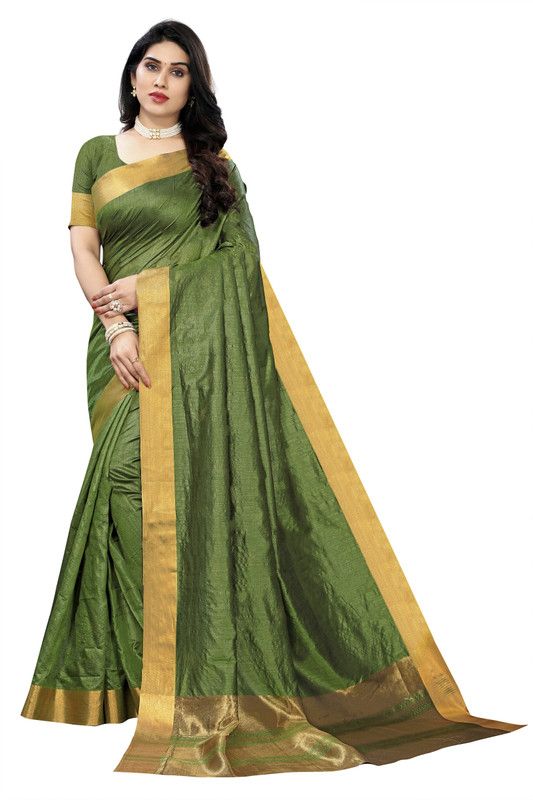 Floral Print Banarasi Cotton Blend Saree  (Green)
