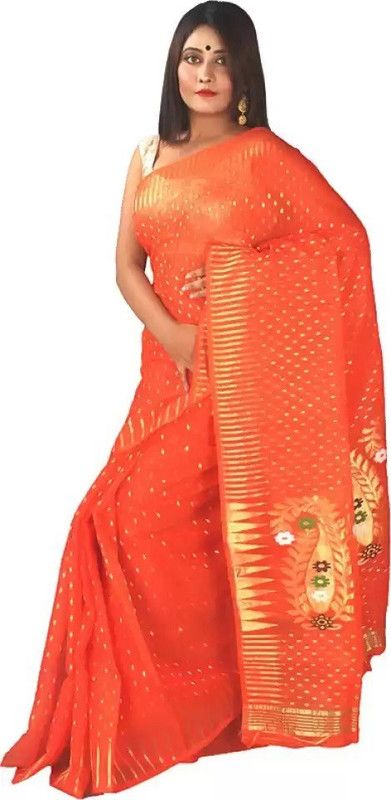 Embroidered Jamdani Cotton Silk Saree  (Orange)