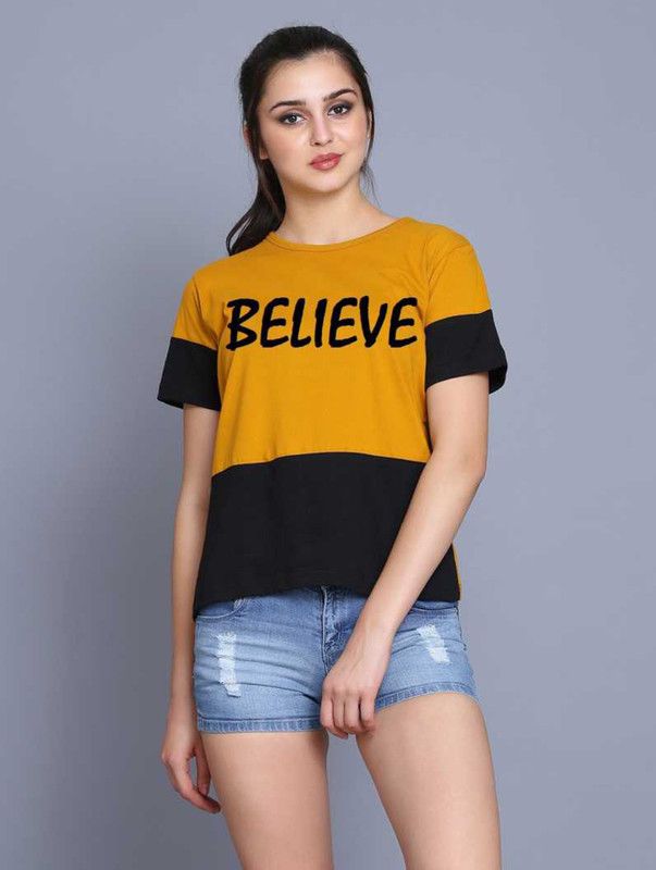 Adult Women Color Block Round Neck Cotton Blend Yellow T-Shirt