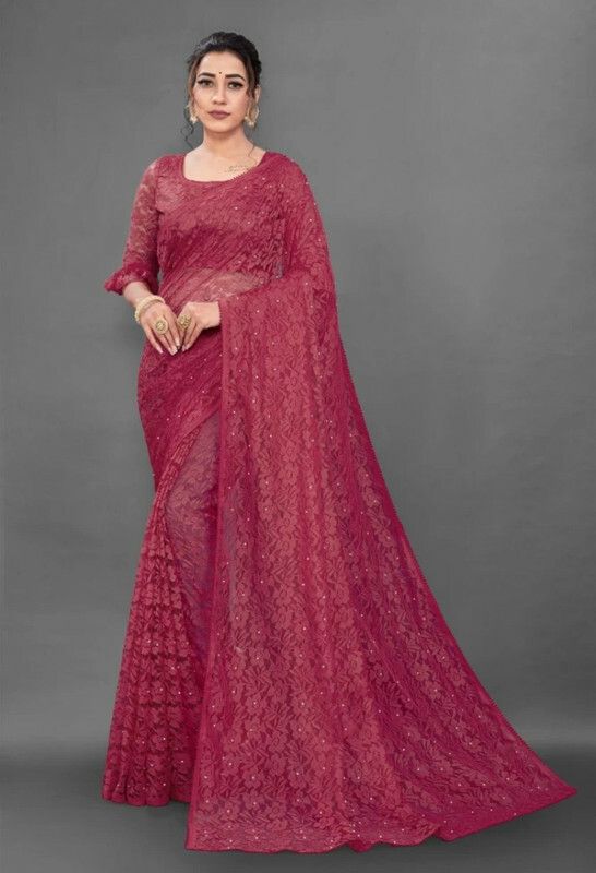 Self Design Bollywood Net Saree  (Maroon)