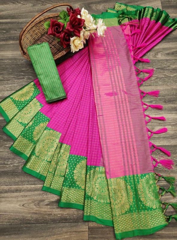 Temple Border Chettinadu Jacquard Saree  (Pink)