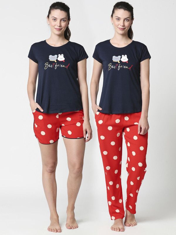 Women Night Suit Set Blue Polka Print