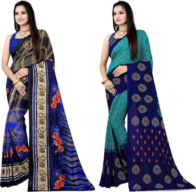 Printed Daily Wear Georgette Saree  (Pack of 2, Dark Blue, Blue)
