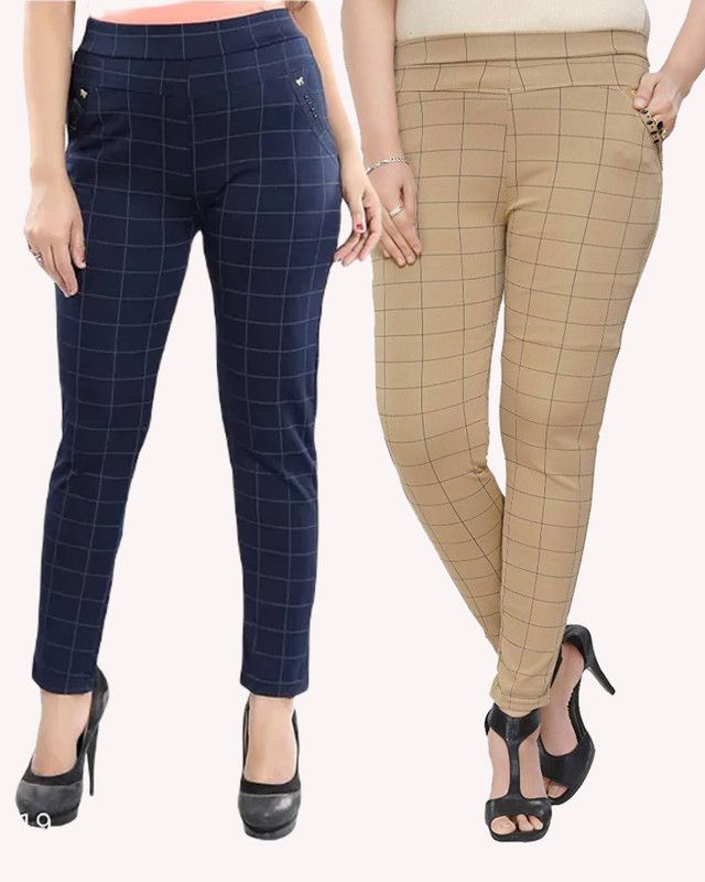 Pack of 2 Women Slim Fit Dark Blue, Beige Lycra Blend Trousers
