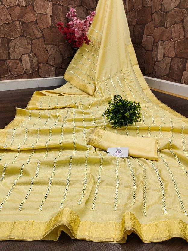Embroidered Venkatagiri Chiffon Saree  (Yellow)