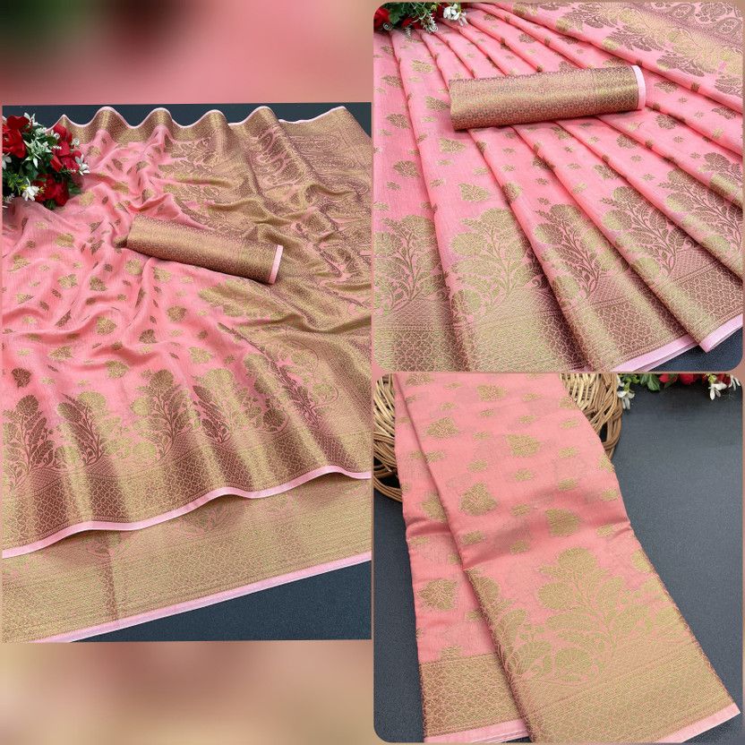 Woven Banarasi Jacquard, Cotton Silk Saree  (Gold, Cream)