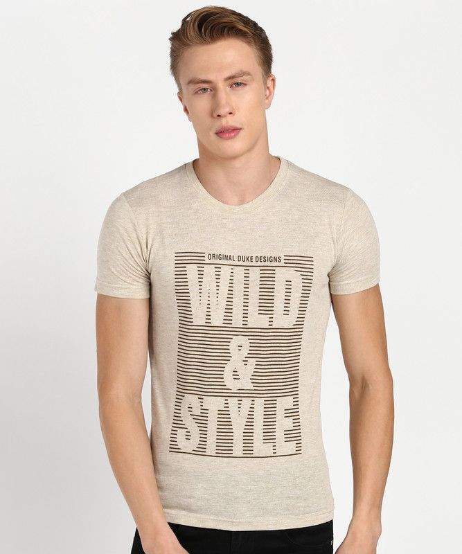 Men Graphic Print Round Neck Cotton Blend Beige T-Shirt